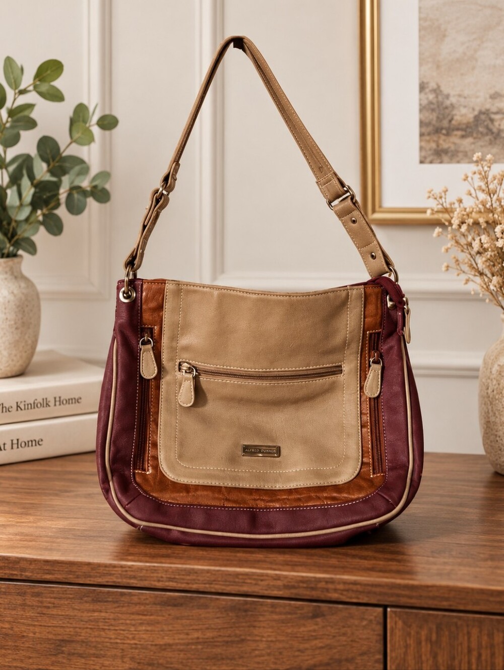 ALFRED DUNNER | Maroon Tan Brown Multi Pocket Shoulder Bag Purse